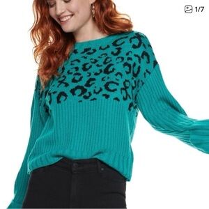 Nine West Teal Crewneck Sweater with Black Leopard Print